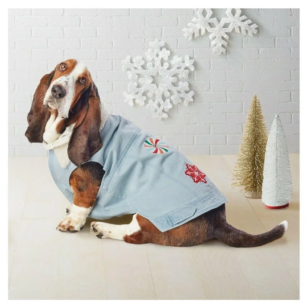 Wondershop Denim I Believe Dog Jacket Snowflake Candy Sherpa Collar Size Small